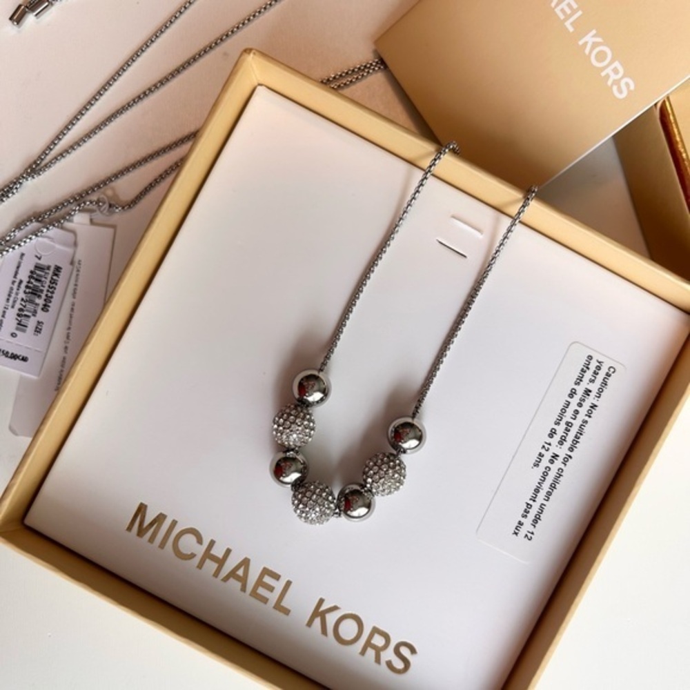 NWT MICHAEL KORS Silver Finish Adjustable Long Necklace, Silver and Pave Balls